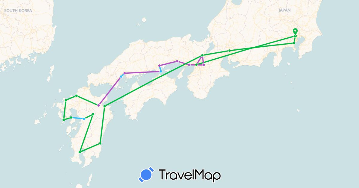 TravelMap itinerary: driving, bus, train, boat in Japan (Asia)